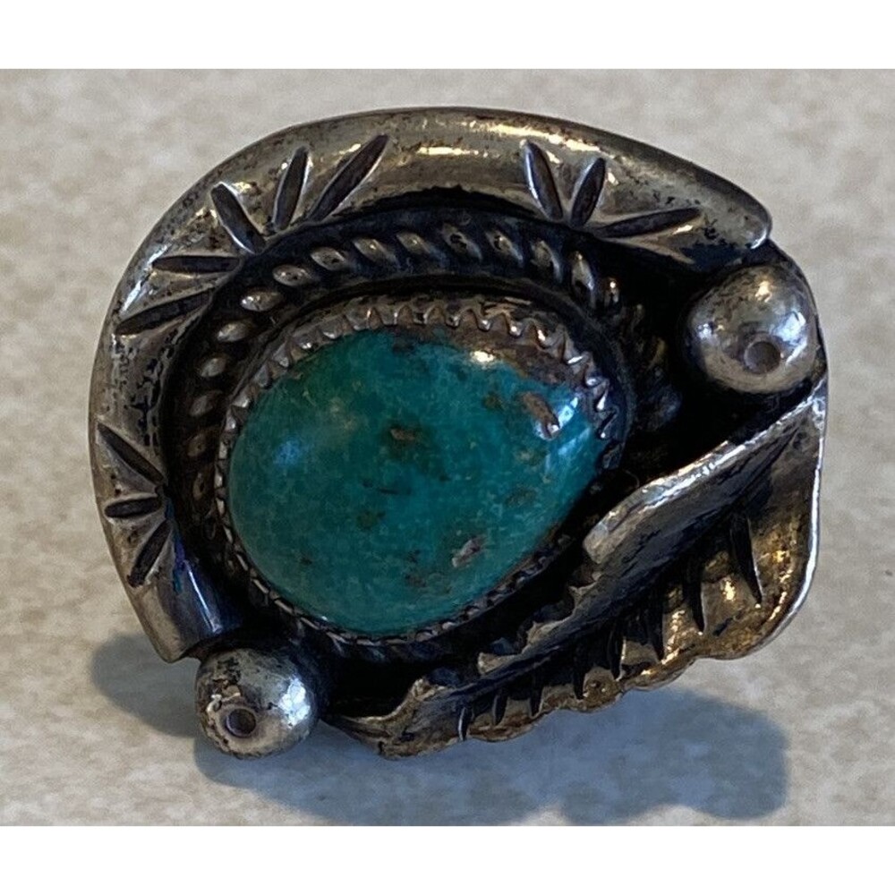 Vintage Navajo Signed Turquoise Sterling Silver Feather Ring Size 5.5 - Picture 3 of 12